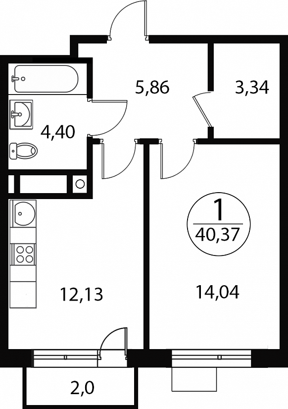 1 комн. квартира, 40.4 м², 1 этаж 