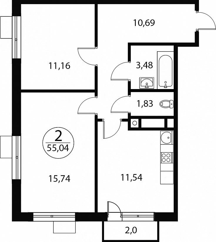 2 комн. квартира, 55 м², 3 этаж 