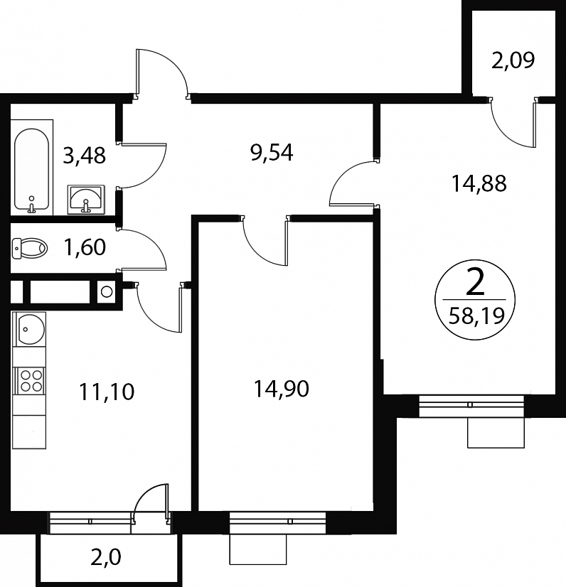 2 комн. квартира, 58.2 м², 3 этаж 