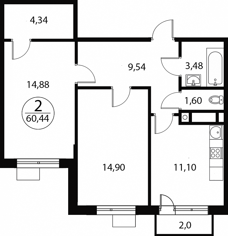 2 комн. квартира, 60.4 м², 1 этаж 
