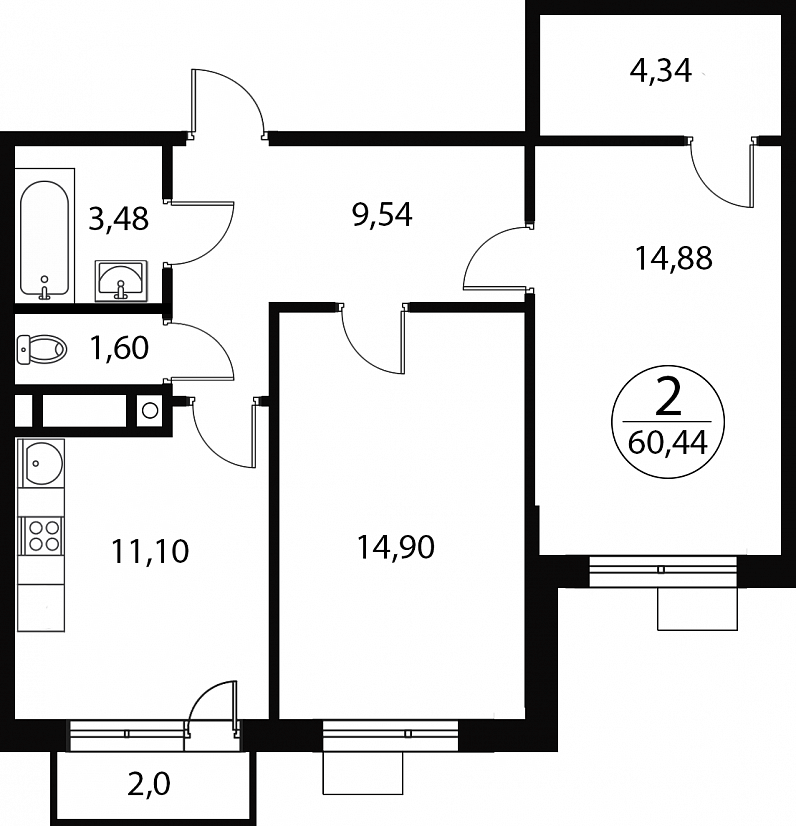 2 комн. квартира, 60.4 м², 3 этаж 