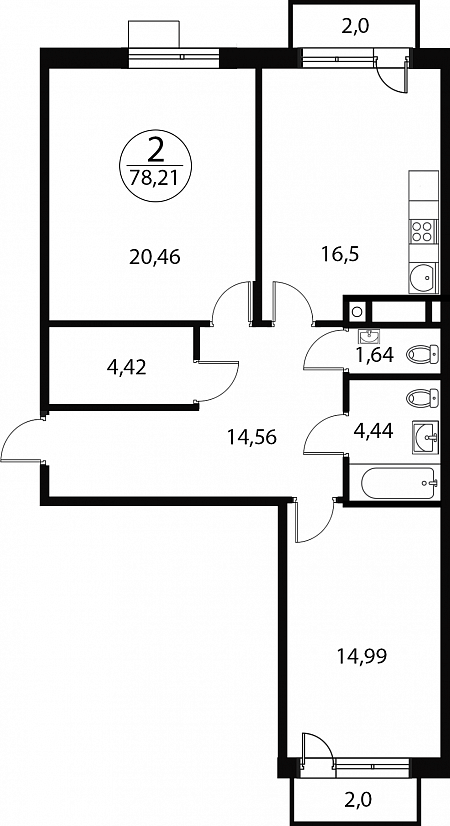 2 комн. квартира, 78.2 м², 2 этаж 