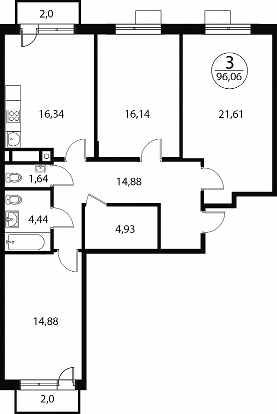 3 комн. квартира, 96.1 м², 2 этаж 