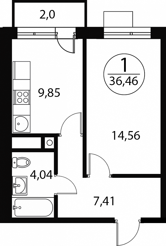 1 комн. квартира, 36.5 м², 1 этаж 