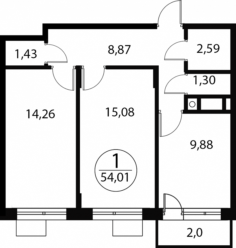 2 комн. квартира, 54 м², 1 этаж 