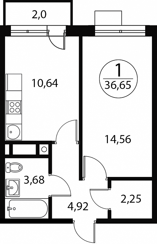 1 комн. квартира, 36.6 м², 1 этаж 