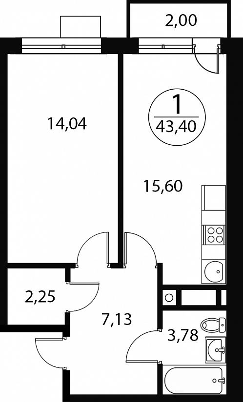 1 комн. квартира, 43.4 м², 2 этаж 