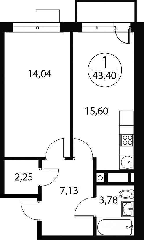 1 комн. квартира, 43.4 м², 3 этаж 