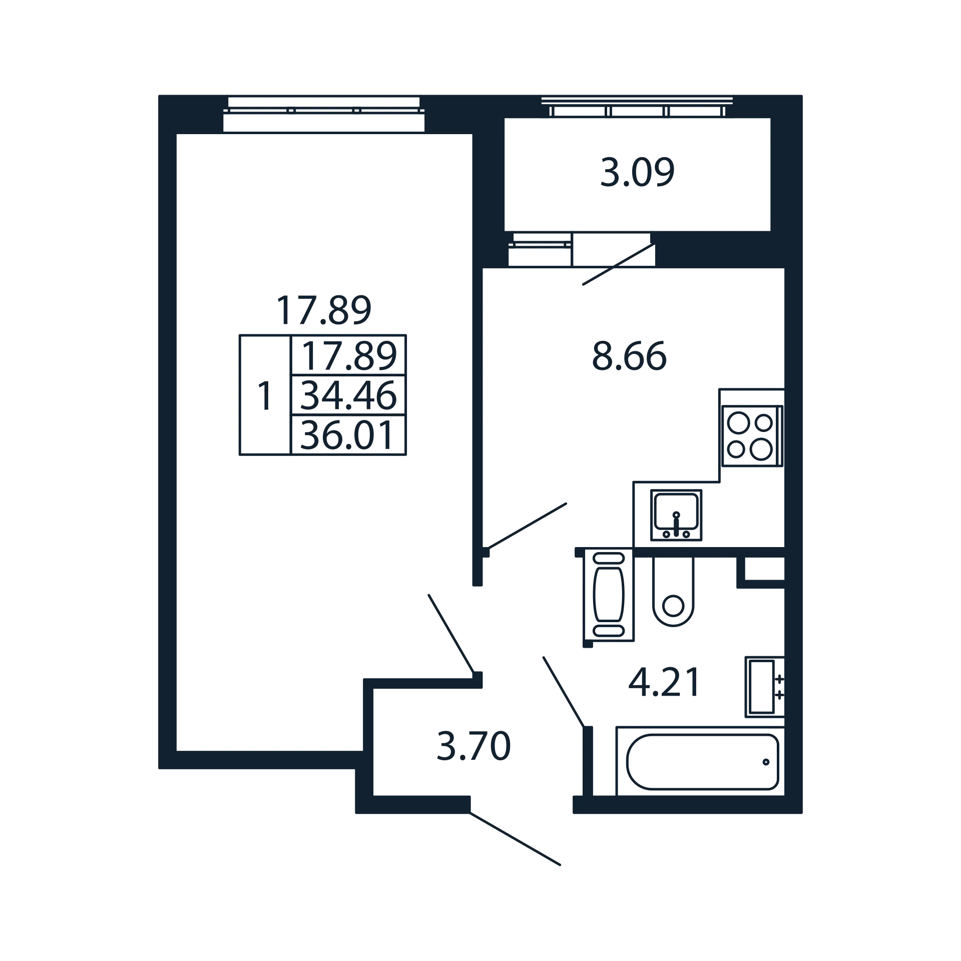 1 комн. квартира, 34.3 м², 12 этаж 