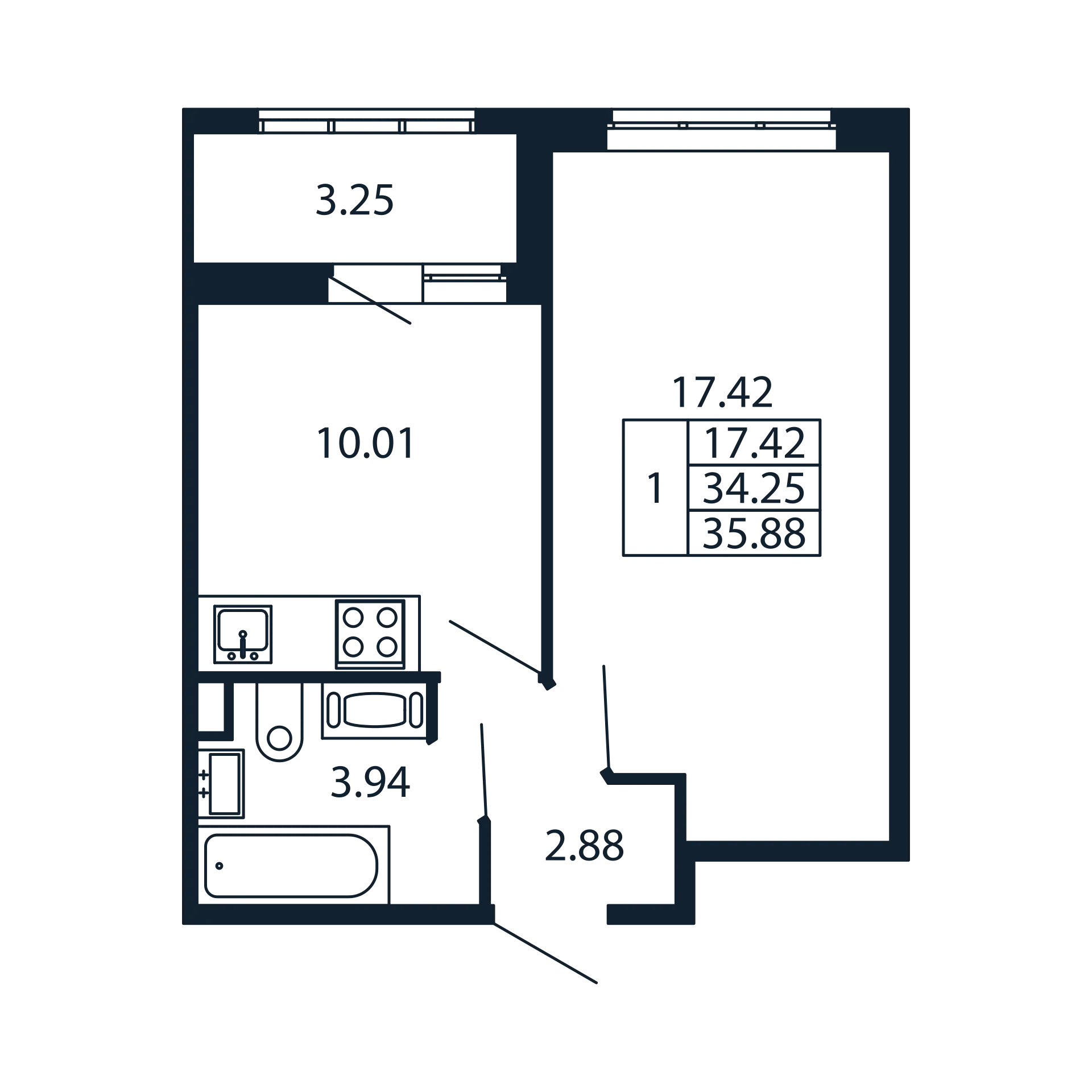 1 комн. квартира, 33.9 м², 12 этаж 