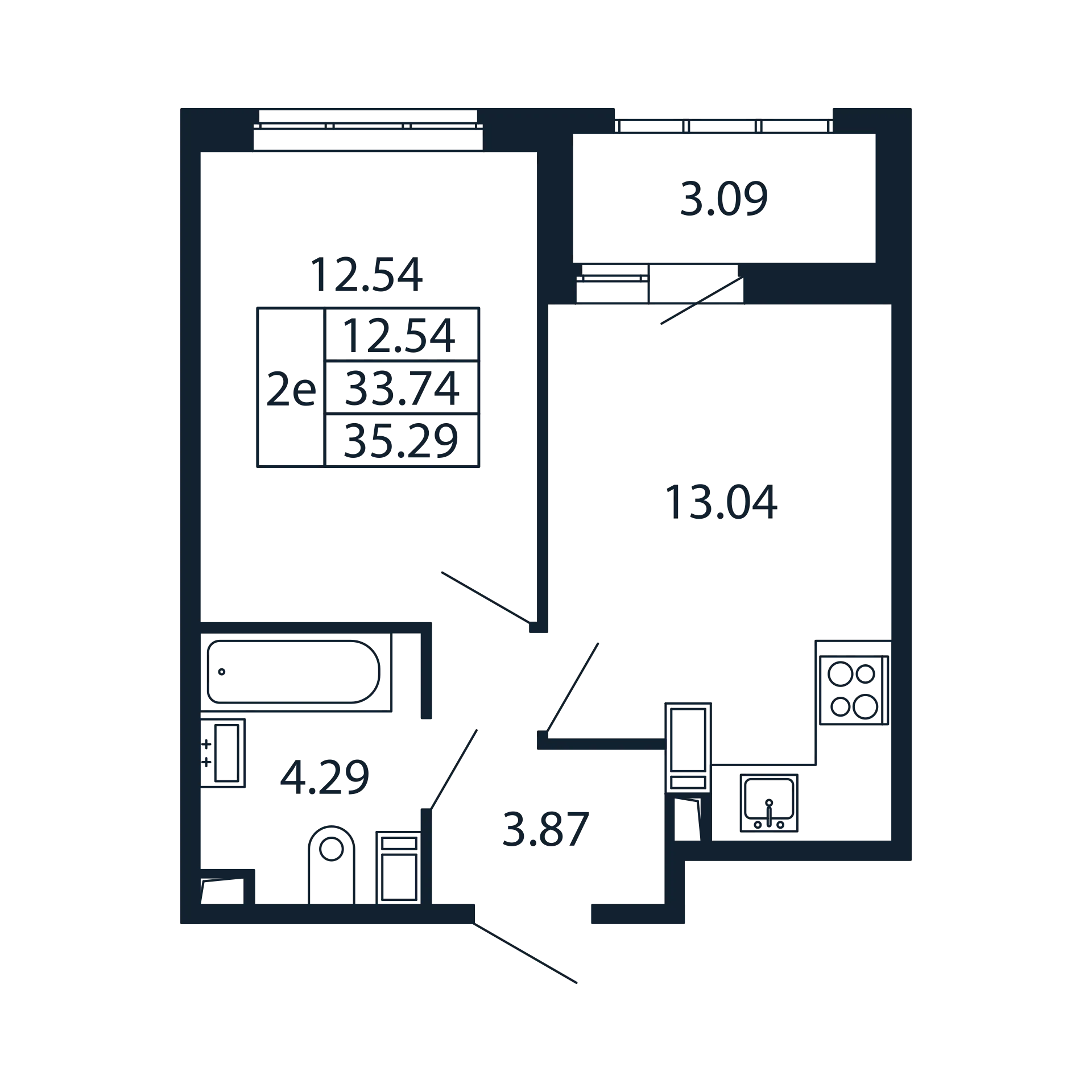 2 комн. квартира, 33.5 м², 12 этаж 