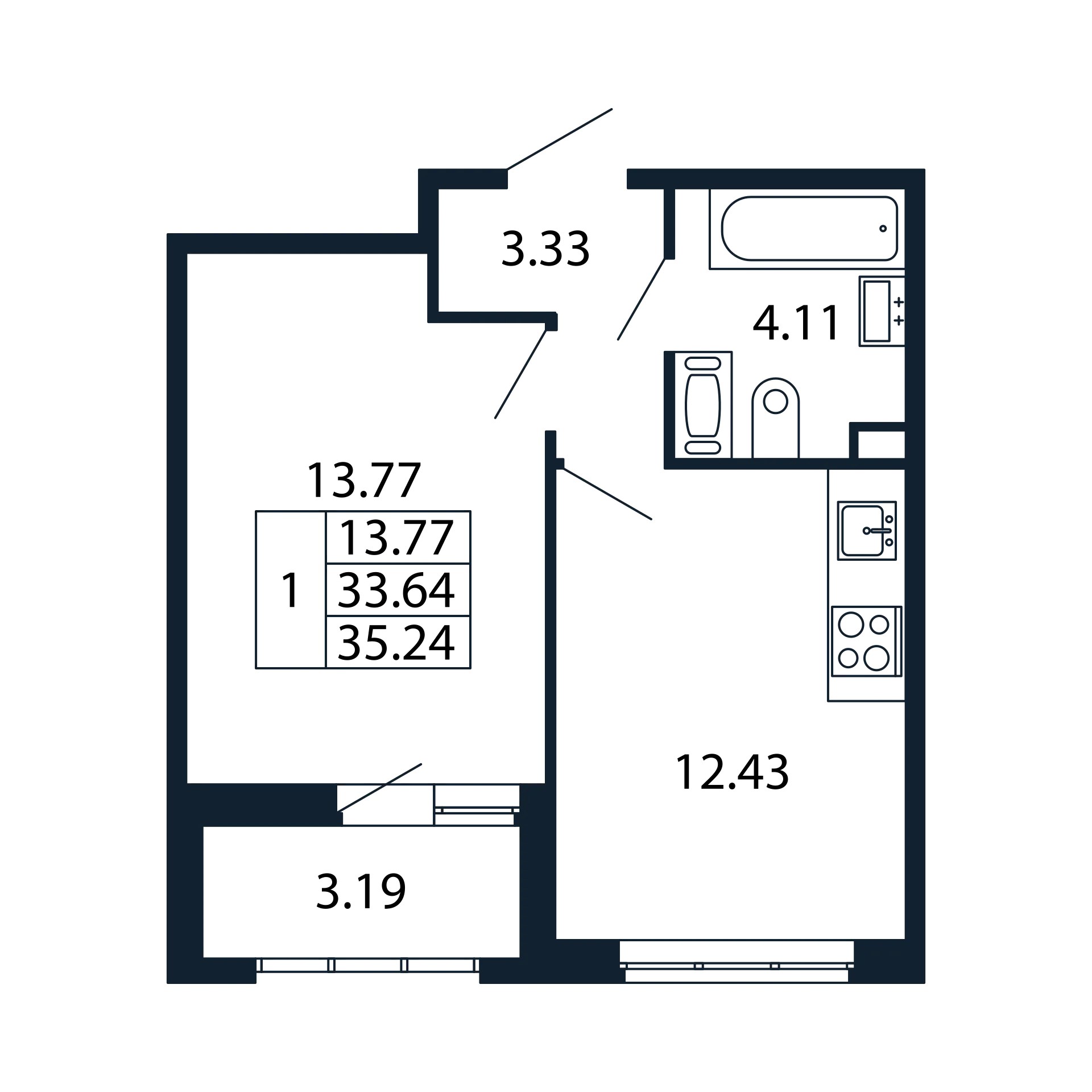 1 комн. квартира, 33.3 м², 11 этаж 