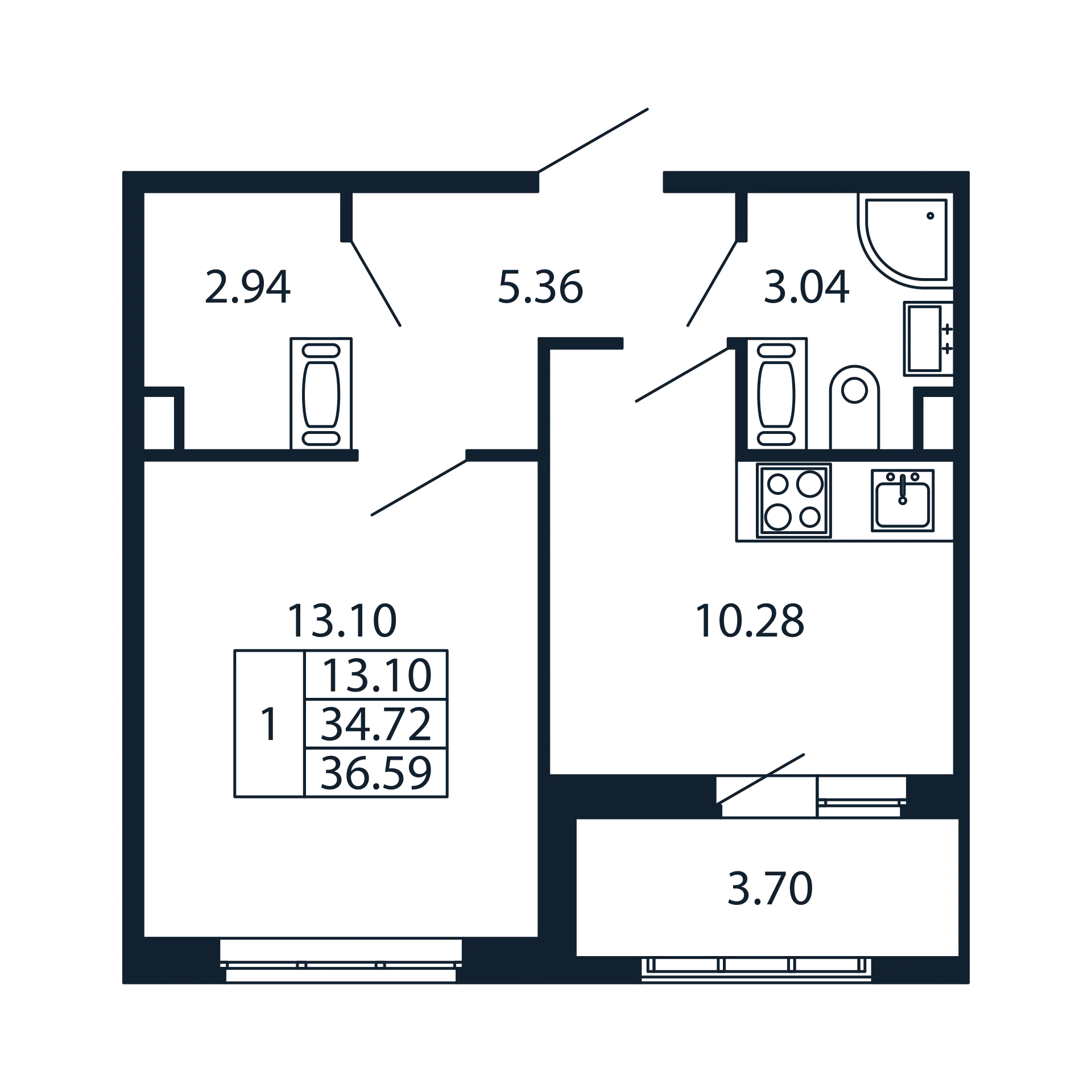 1 комн. квартира, 34.3 м², 13 этаж 