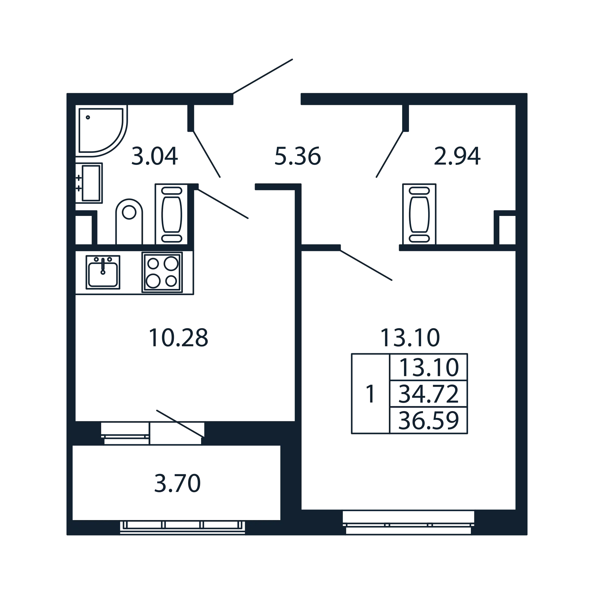 1 комн. квартира, 34.4 м², 13 этаж 