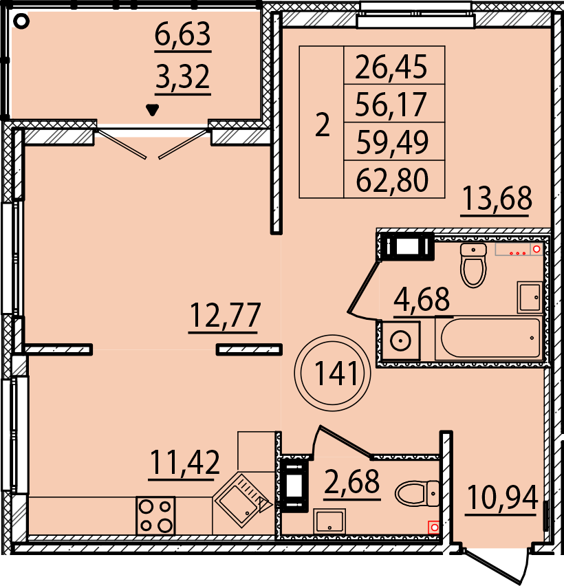 2 комн. квартира, 56.2 м², 2 этаж 
