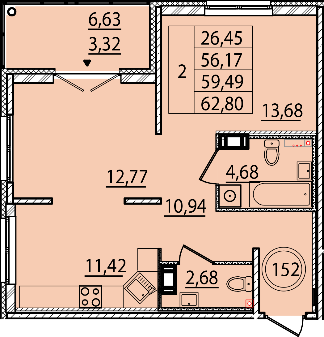 2 комн. квартира, 56.2 м², 3 этаж 