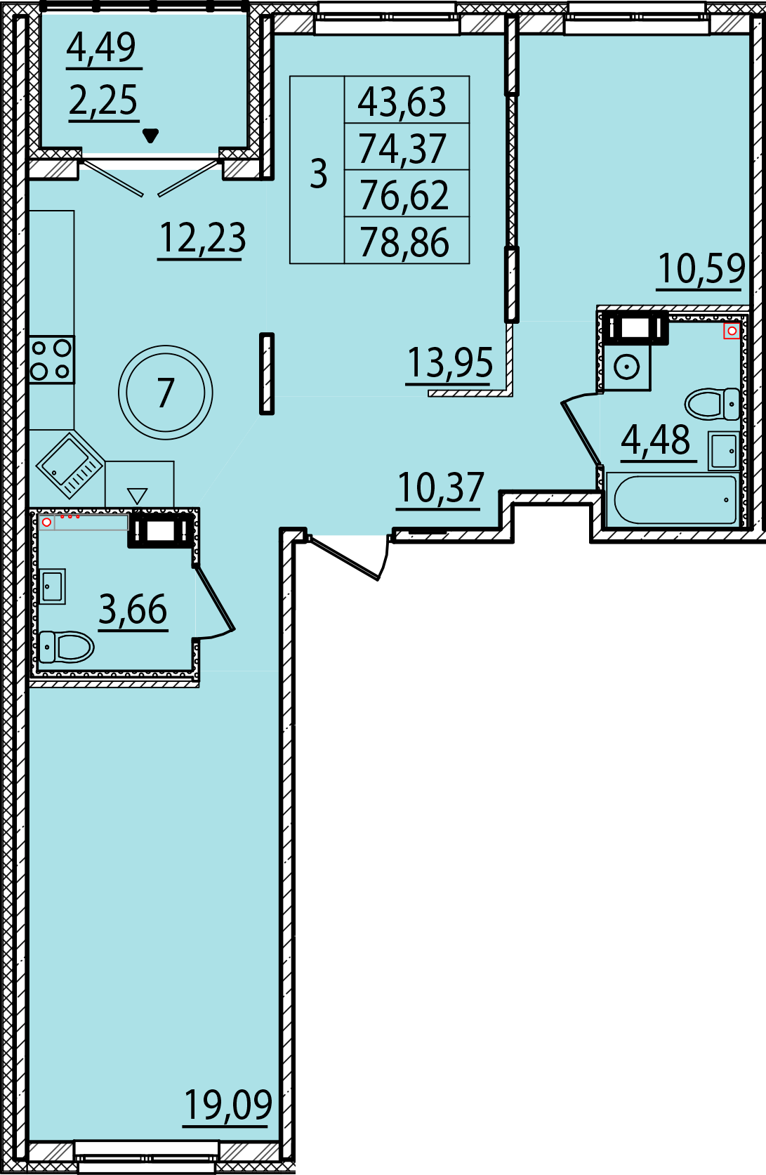 3 комн. квартира, 74.4 м², 3 этаж 