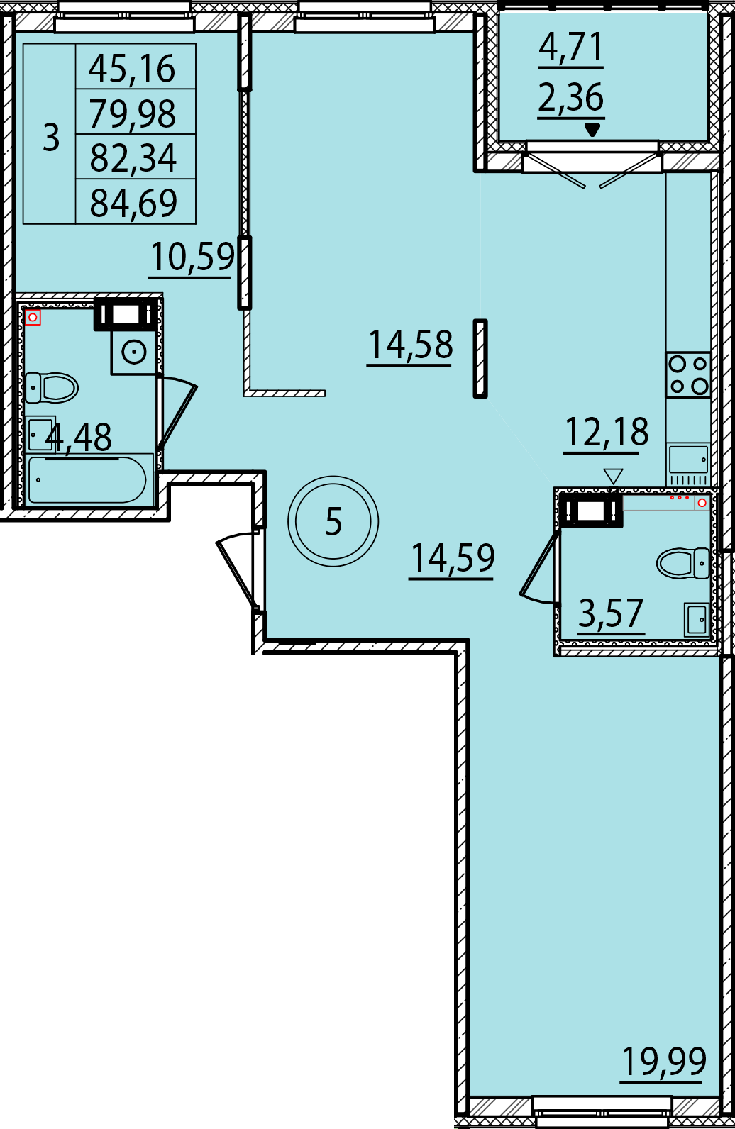 3 комн. квартира, 80 м², 2 этаж 