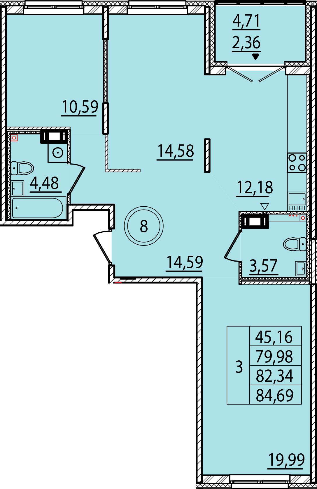 3 комн. квартира, 80 м², 3 этаж 