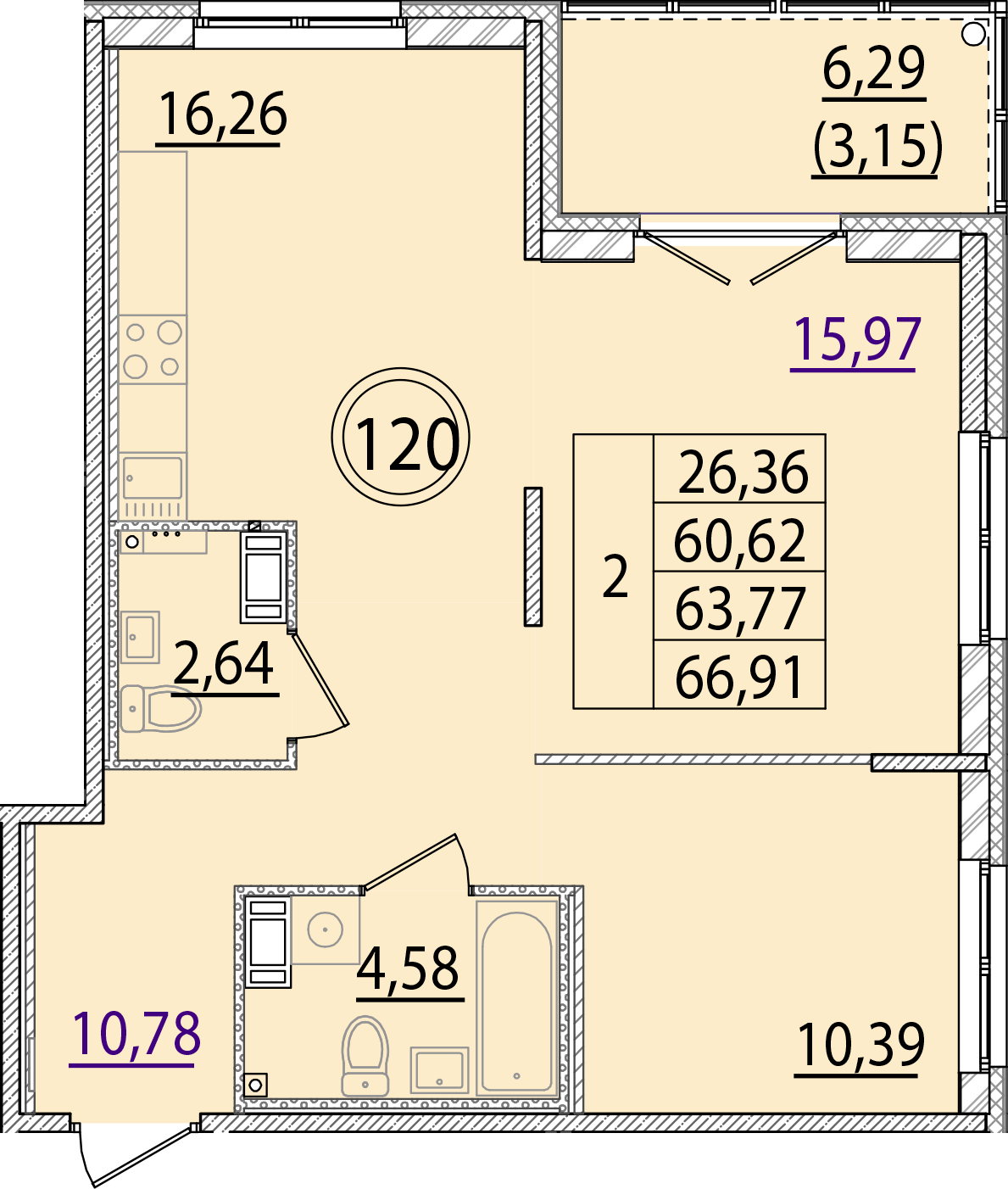 2 комн. квартира, 60.6 м², 2 этаж 