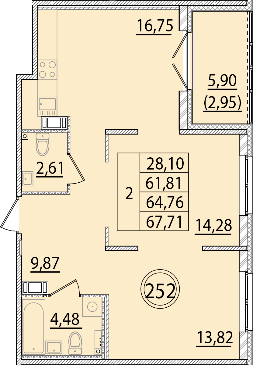 2 комн. квартира, 61.8 м², 3 этаж 