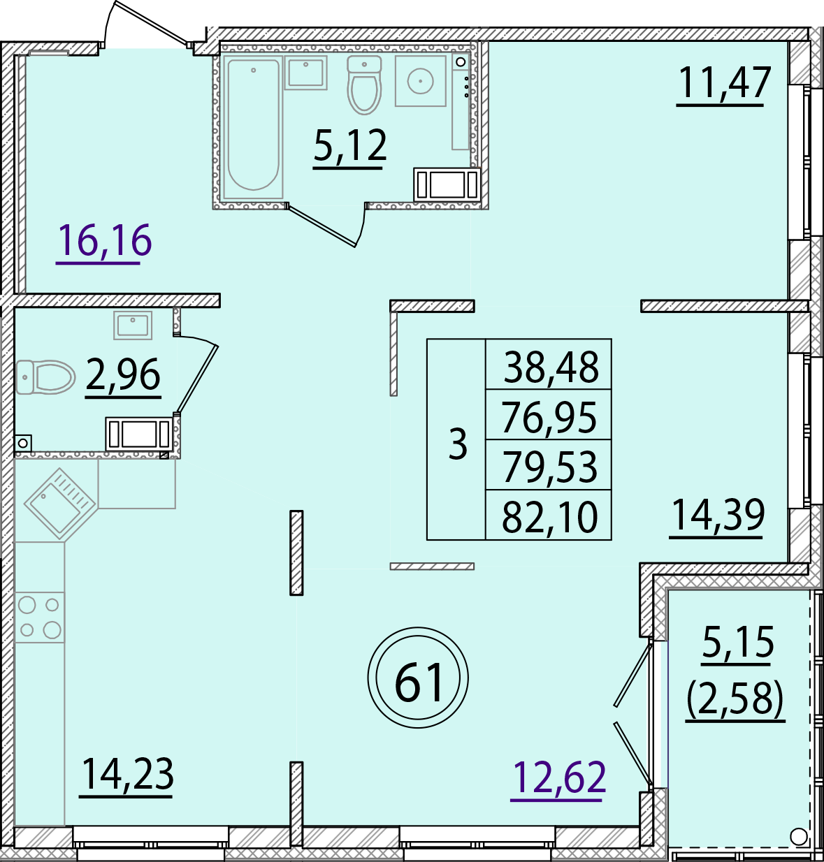 3 комн. квартира, 77 м², 2 этаж 