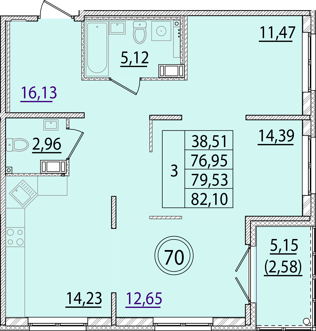 3 комн. квартира, 77 м², 3 этаж 