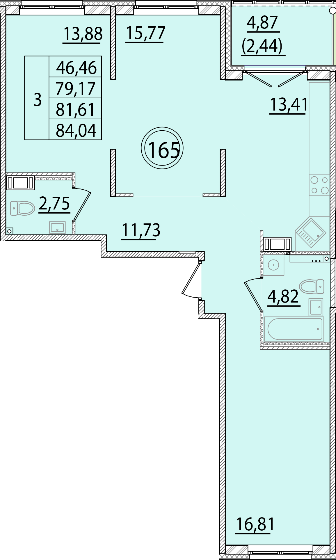 3 комн. квартира, 79.2 м², 3 этаж 