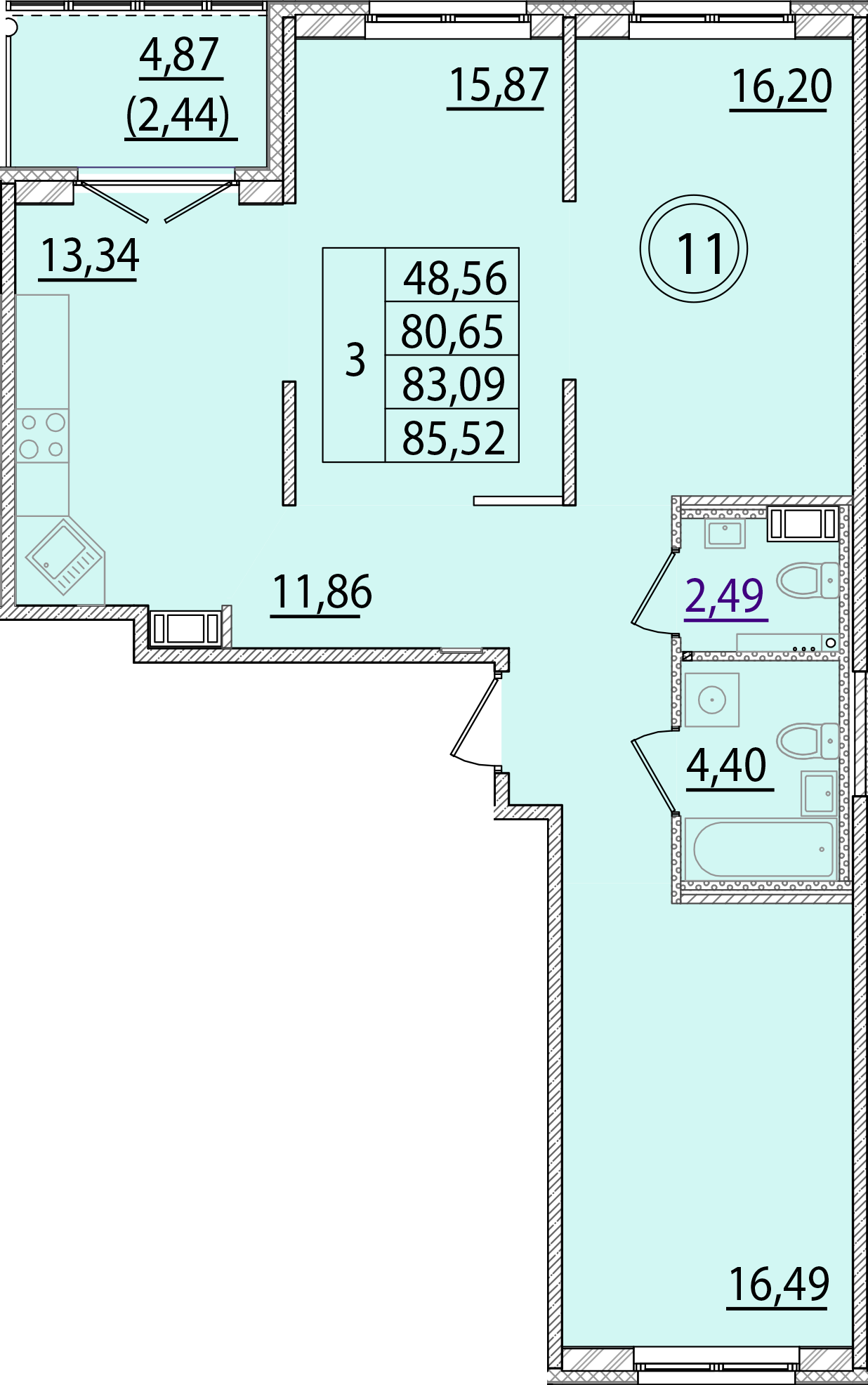 3 комн. квартира, 80.7 м², 4 этаж 