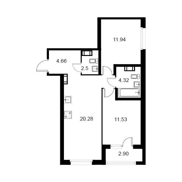 2 комн. квартира, 57.7 м², 1 этаж 