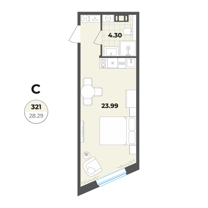 студия, 28.3 м², 3 этаж 