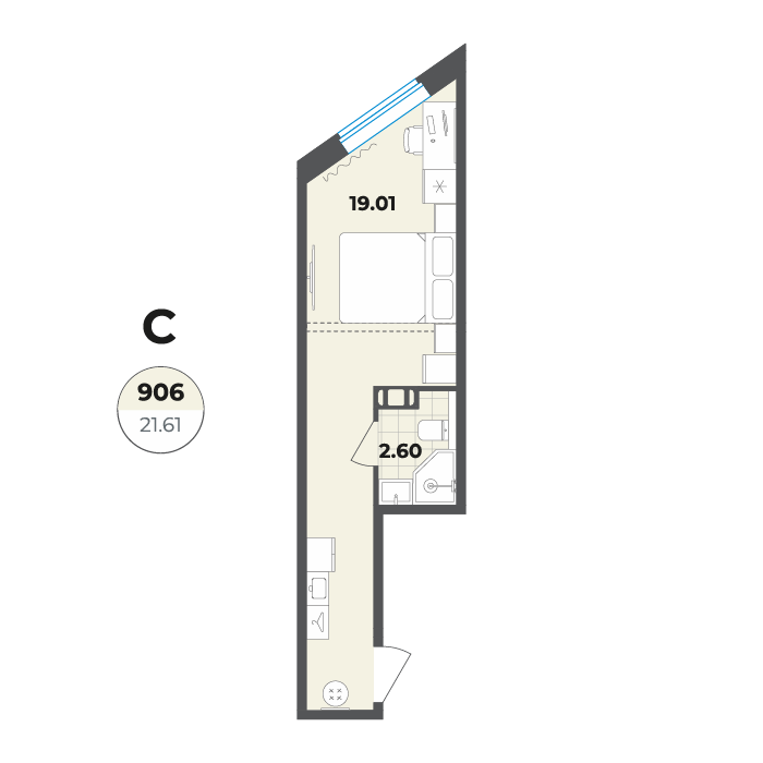 студия, 21.6 м², 9 этаж 