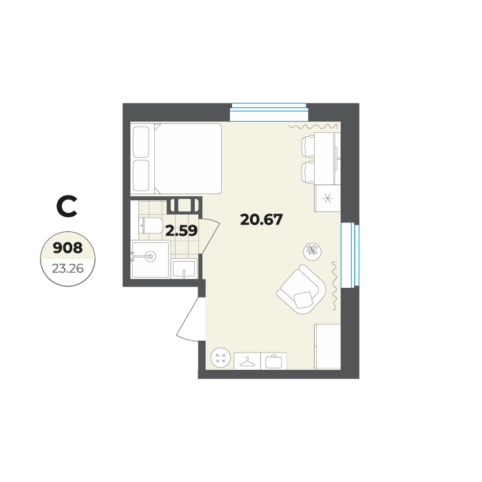 студия, 23.3 м², 9 этаж 