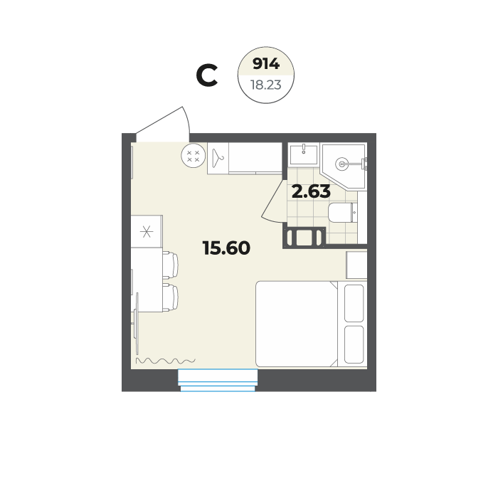 студия, 18.2 м², 9 этаж 