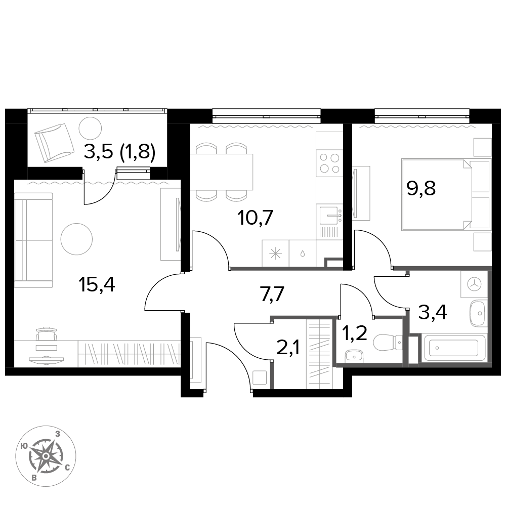 2 комн. квартира, 61.3 м², 19 этаж 