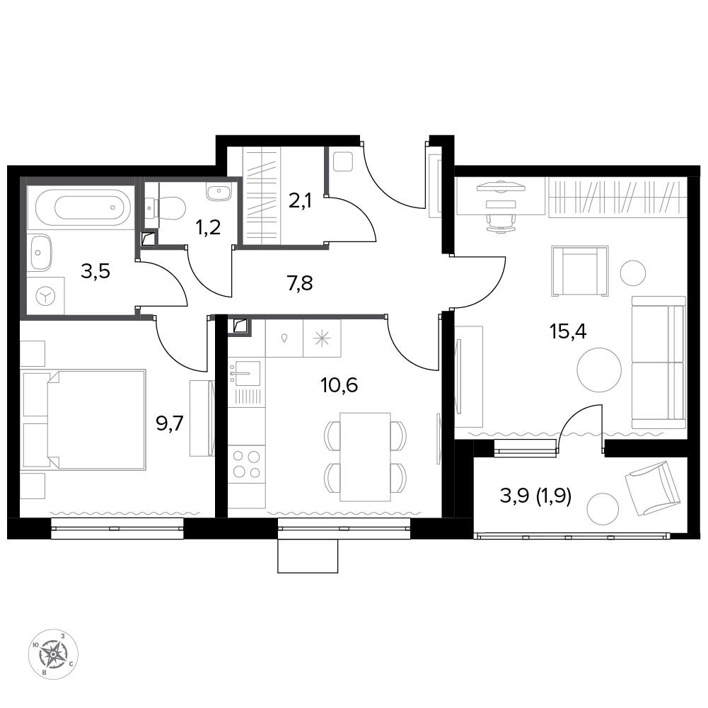 2 комн. квартира, 61.3 м², 20 этаж 