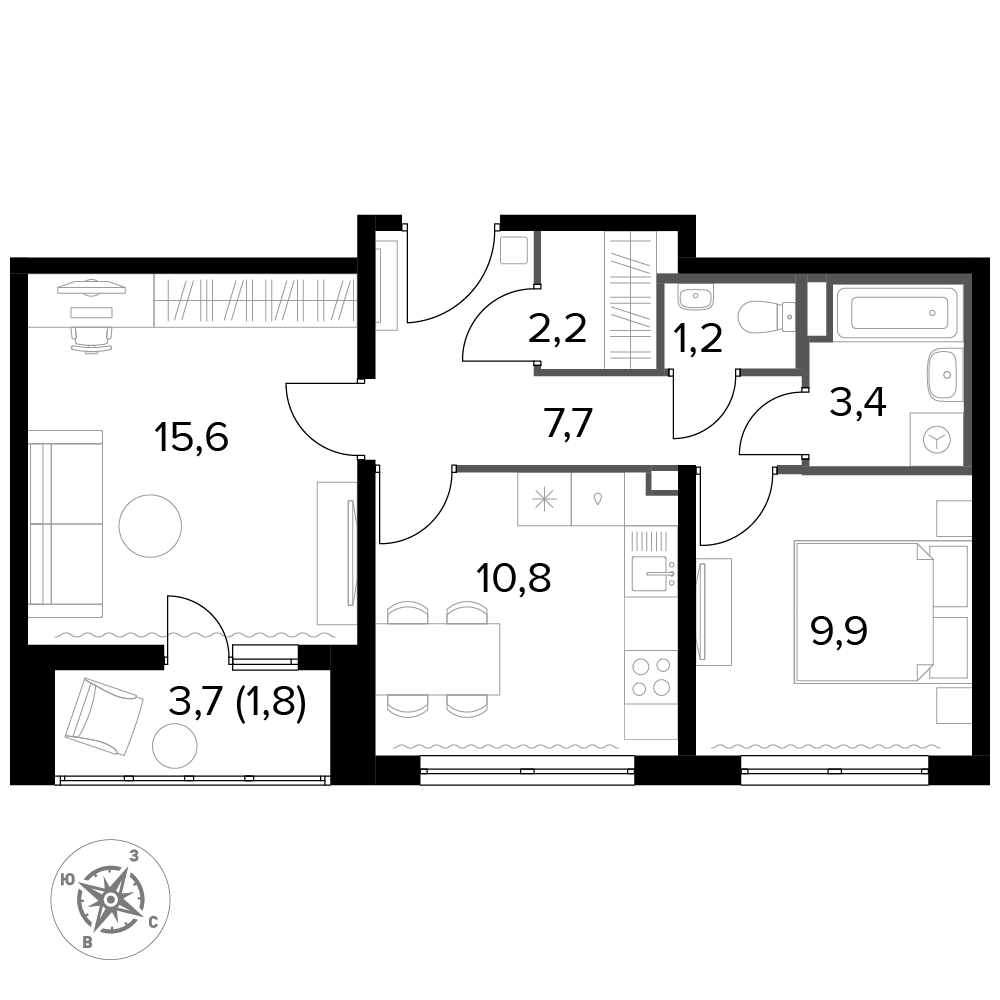 2 комн. квартира, 63.6 м², 1 этаж 