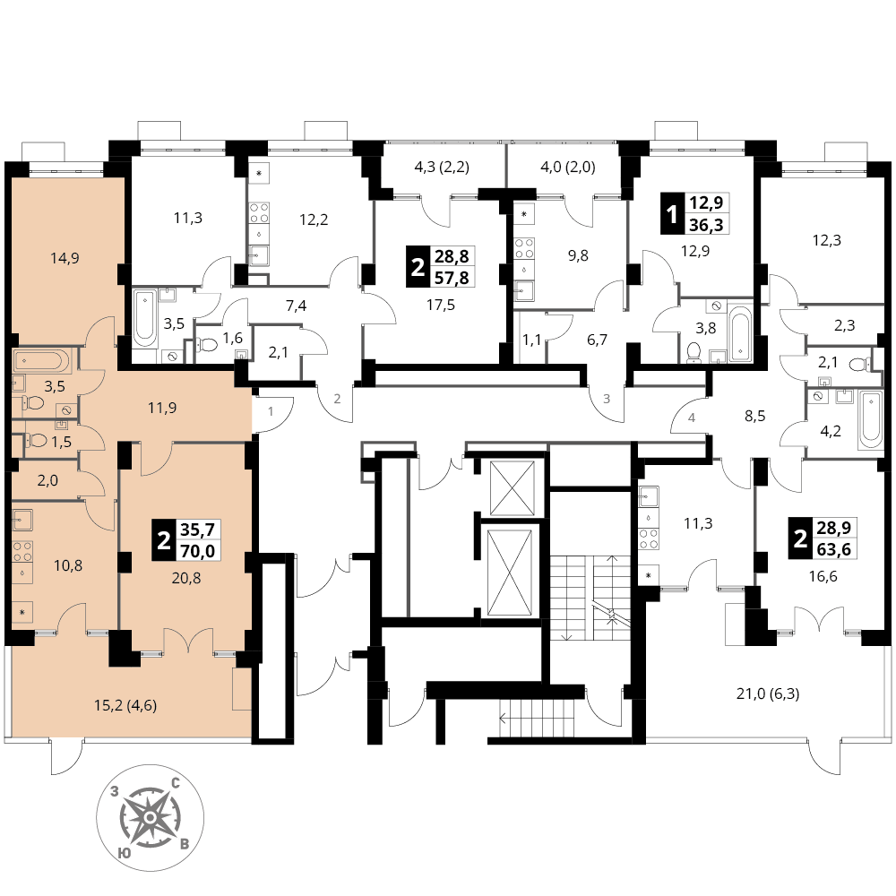 2 комн. квартира, 70 м², 1 этаж 