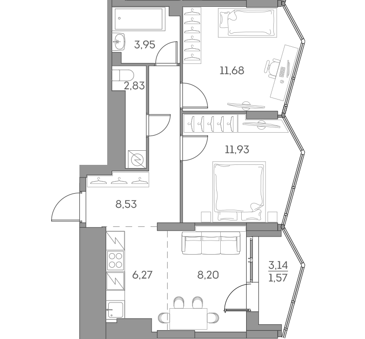 3 комн. квартира, 55 м², 26 этаж 