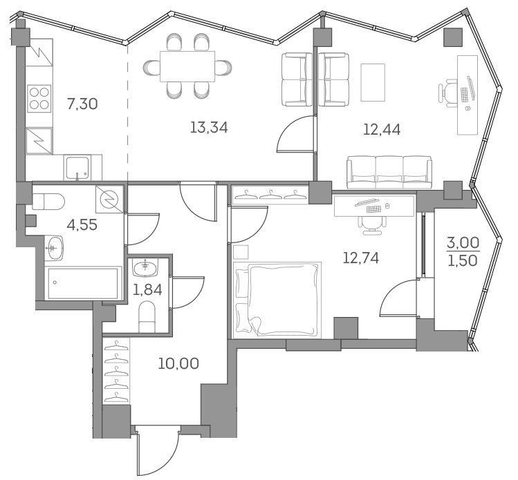 3 комн. квартира, 63.7 м², 18 этаж 