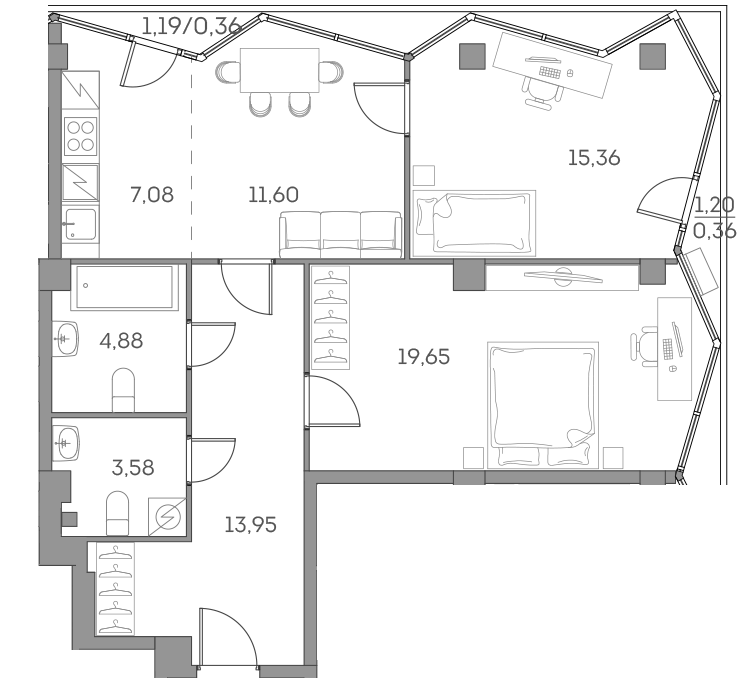 3 комн. квартира, 76.8 м², 2 этаж 
