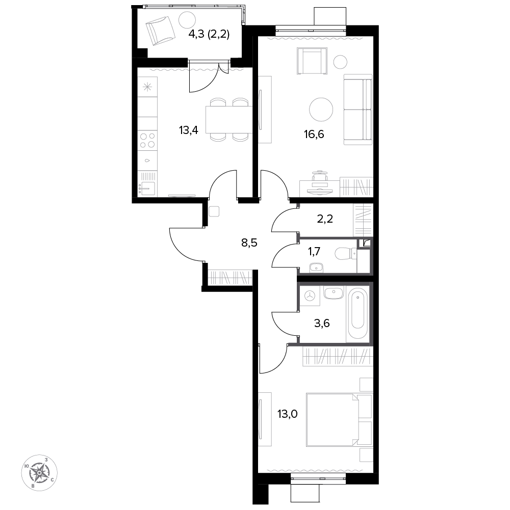 2 комн. квартира, 62.1 м², 12 этаж 