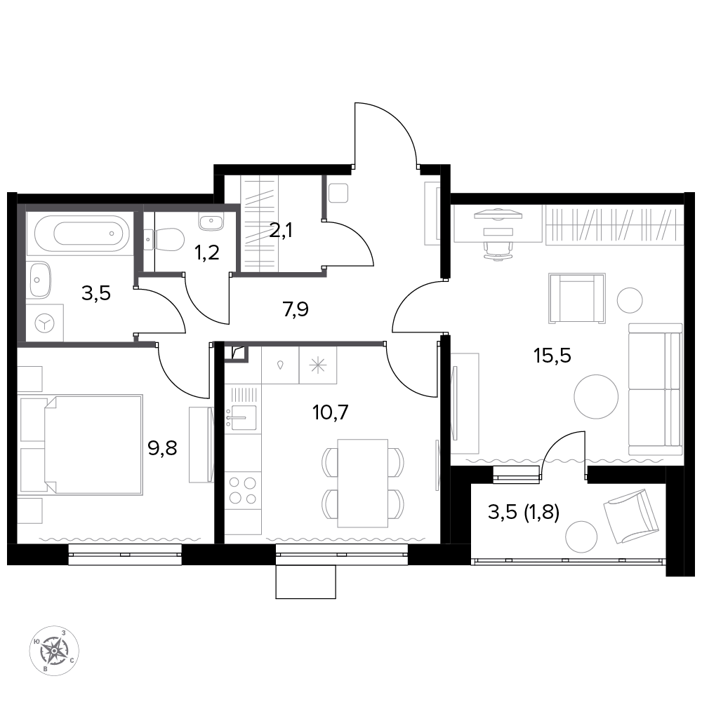 2 комн. квартира, 53.6 м², 16 этаж 