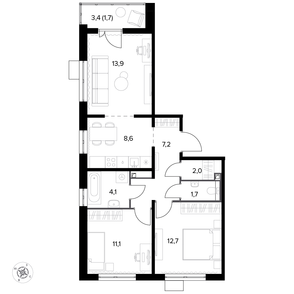 3 комн. квартира, 63.4 м², 17 этаж 