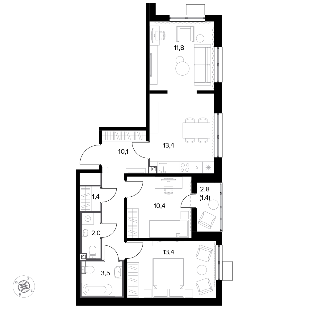 3 комн. квартира, 68.6 м², 15 этаж 