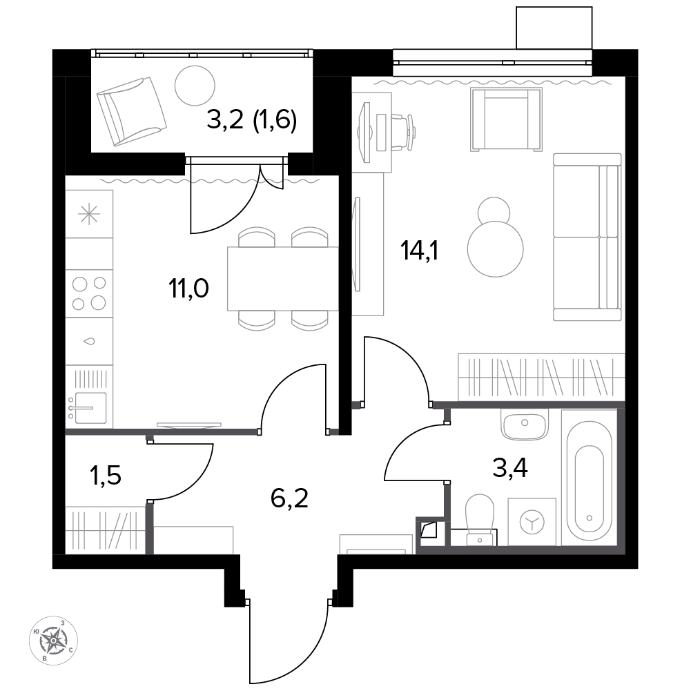 1 комн. квартира, 38.5 м², 16 этаж 