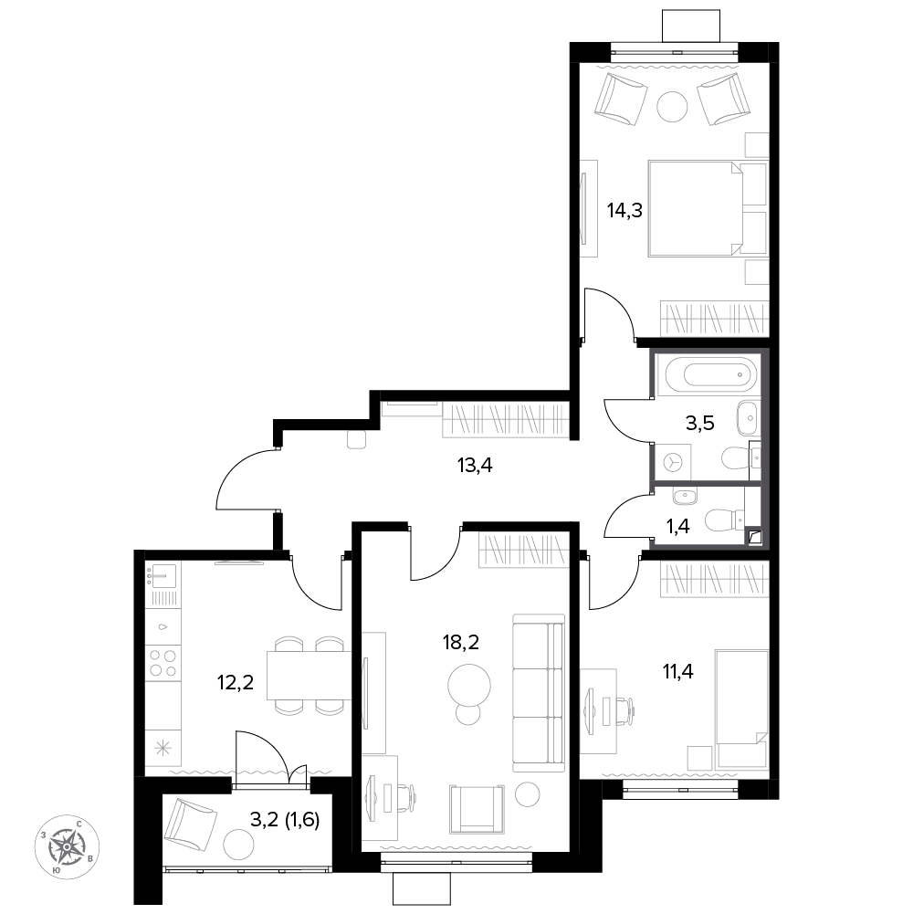 3 комн. квартира, 77.2 м², 11 этаж 