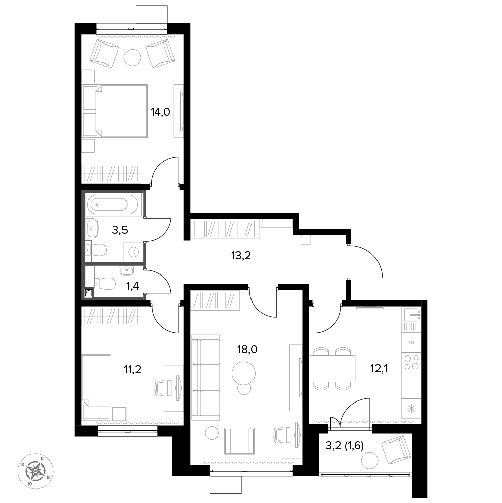 3 комн. квартира, 76 м², 5 этаж 