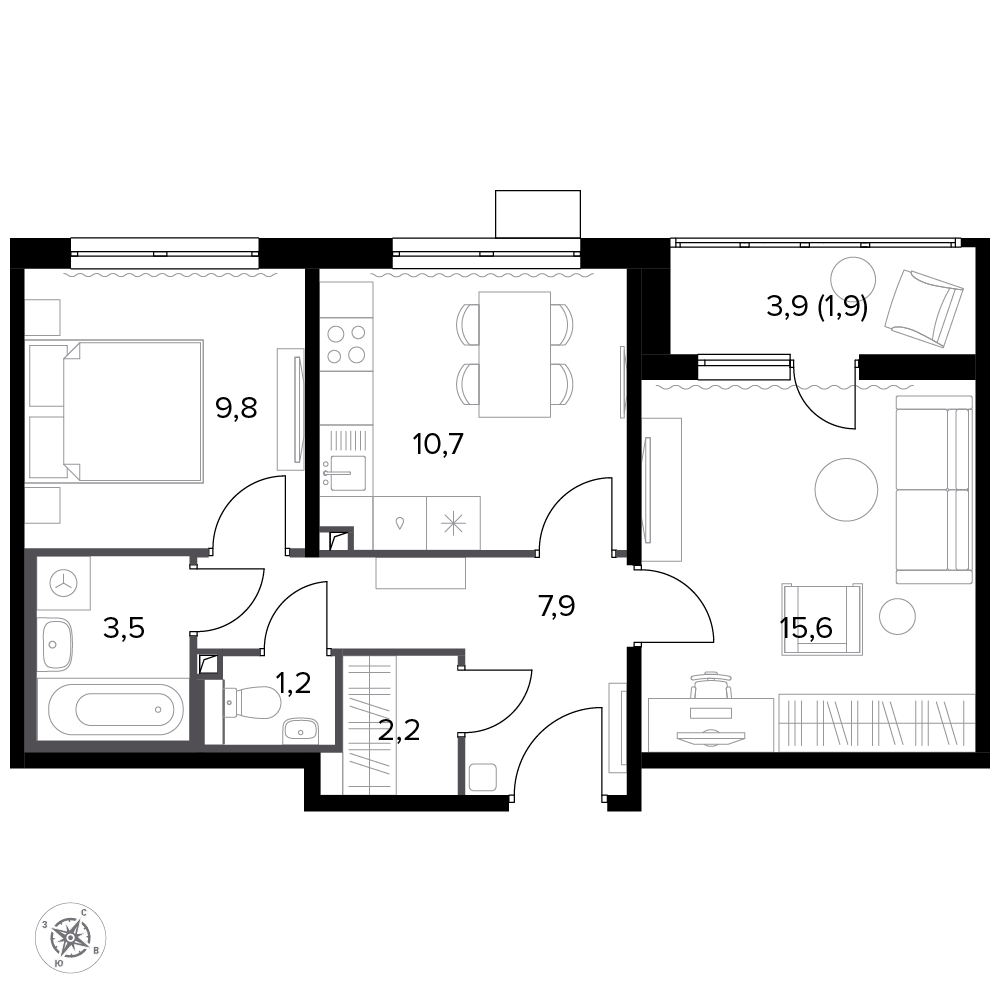 2 комн. квартира, 53.8 м², 14 этаж 