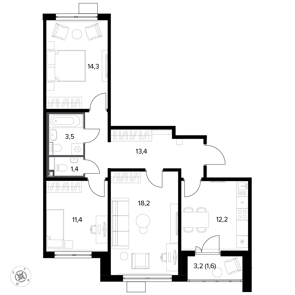 3 комн. квартира, 76.7 м², 15 этаж 